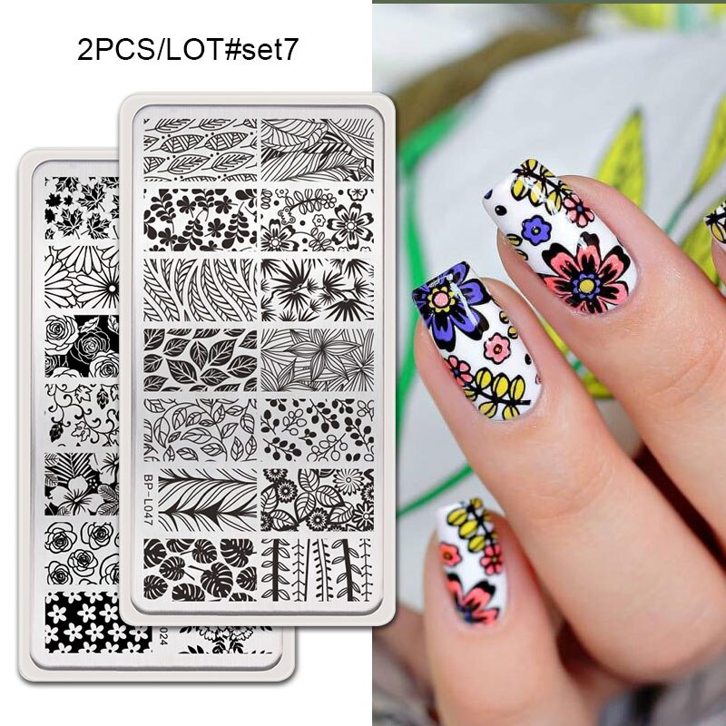 GEBOREN ZIEMLICH 2Pcs Nagel Stanzen Platten Set Rechteck Blume Geometrische Muster Nail art Bild Stempel Vorlage DIY Maniküre: 2Pcs-Set7