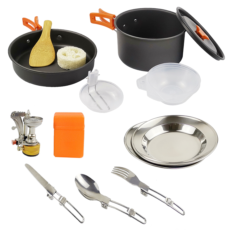 Aluminium Legierung draussen Camping Reise Kochgeschirr Camping Topf Wandern Picknick Tourist Geschirr einstellen Mit Klapp Löffel Mini Gas Herde: 1902