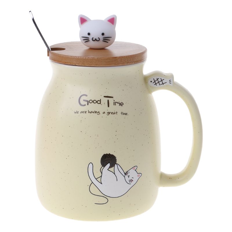 420ml Cat Ceramic Mug Heat-resistant Cup With Spoon Lid Drinkware Children Cartoon with Lid Milk Cup: YELLOW
