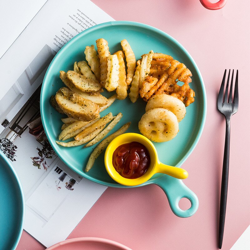 Ceramic Handle Baking Pan Pizza Baking Plate Western Steak Tray Dessert Tray Microwave Oven Flat Plate Kitchen Decor Dinnerware