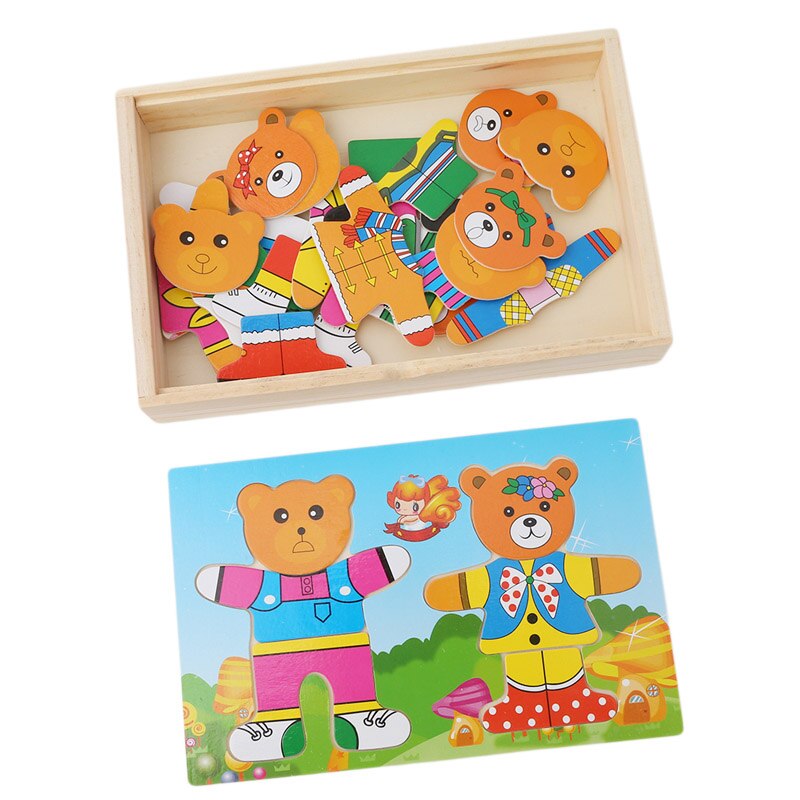 Houten puzzelset baby educatief speelgoed beer verschoningskleding puzzels kinderen houten speelgoed: Twee beren