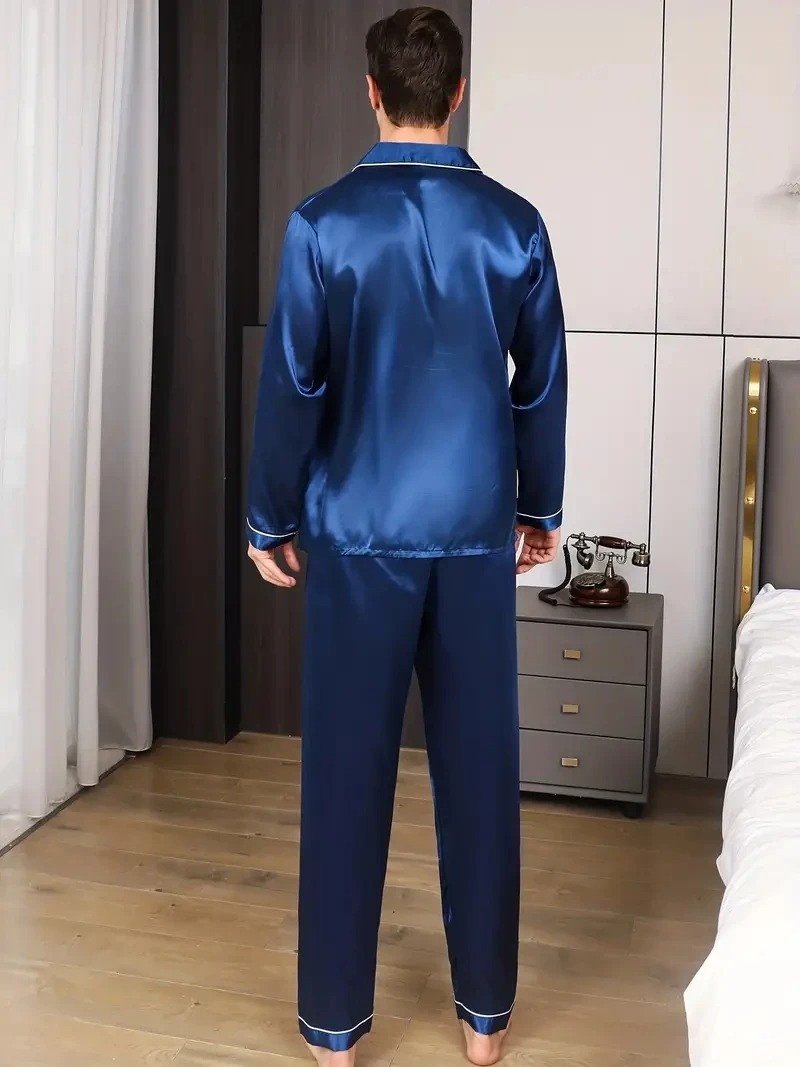 Herre pyjamassæt silke satin nattøj til mænd skjorte langærmet pyjamas herre blødt loungewear store størrelser forårsnattøj