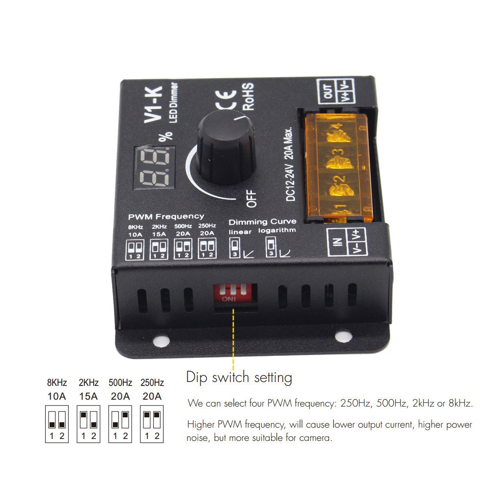 LED Dimmer 12V 24V 20A Rotary PWM Wireless Dimmer Switch Frequency Adjustable Knob LED Strip Dimmer 12 Volt for Lighting V1-K