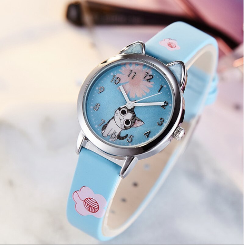 Cute Cheese Cat Pattern Women Watch with Bracelet Quartz Analog Ladies Watches Kids Girls Student Clock Relogio Feminino: Blue