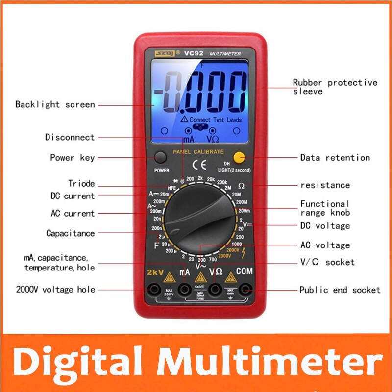 digital large screen multimeter to measure interphase voltage 2000V AC and DC voltage to measure 2KV high voltage