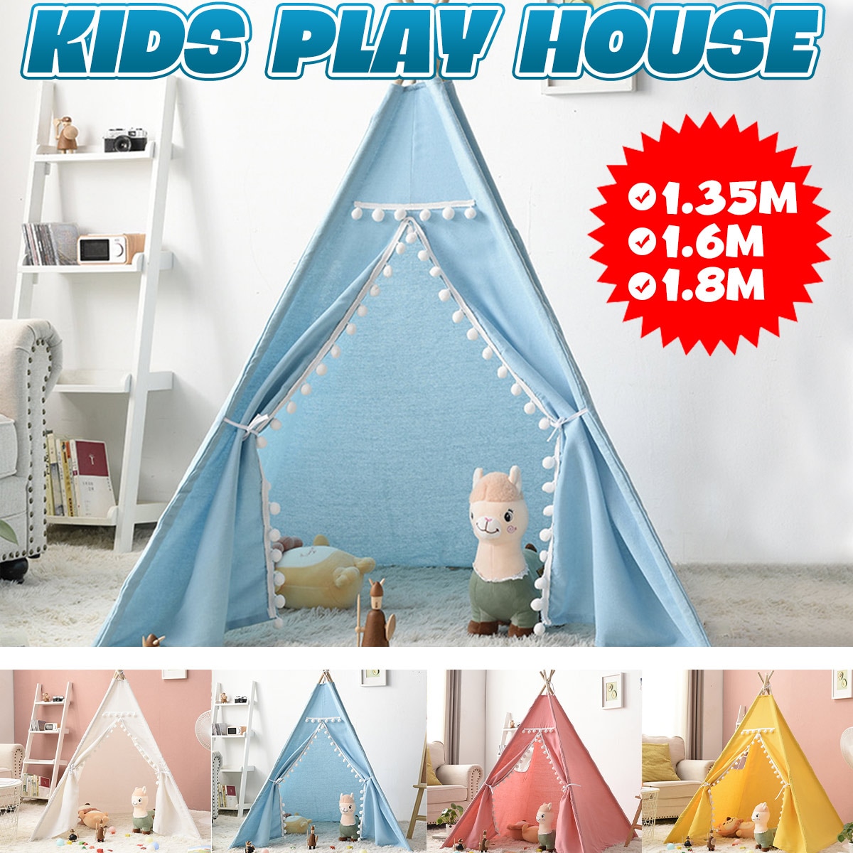 1.35M-1.8M Baby Tents Teepee Triangle Tent Kids Playhouse Cotton Canvas Pretend Play Tent Decoration Game House Boy Girls