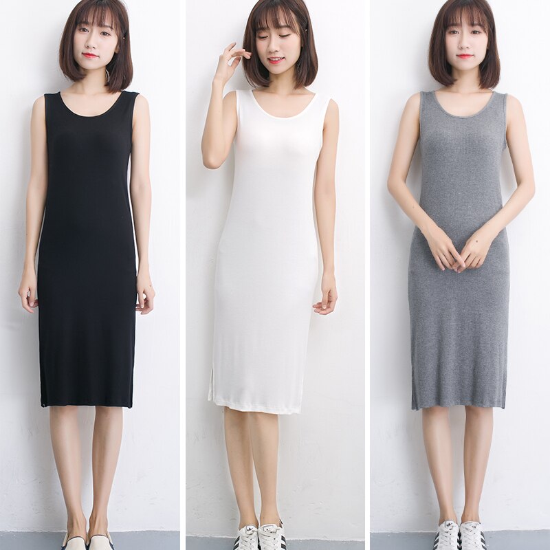 Size L-XXL Women Summer Sleepwear Women Full Slips Underdress Modal Knee Length Sleeveless Lady Home Clothes Underwear 3 Colors