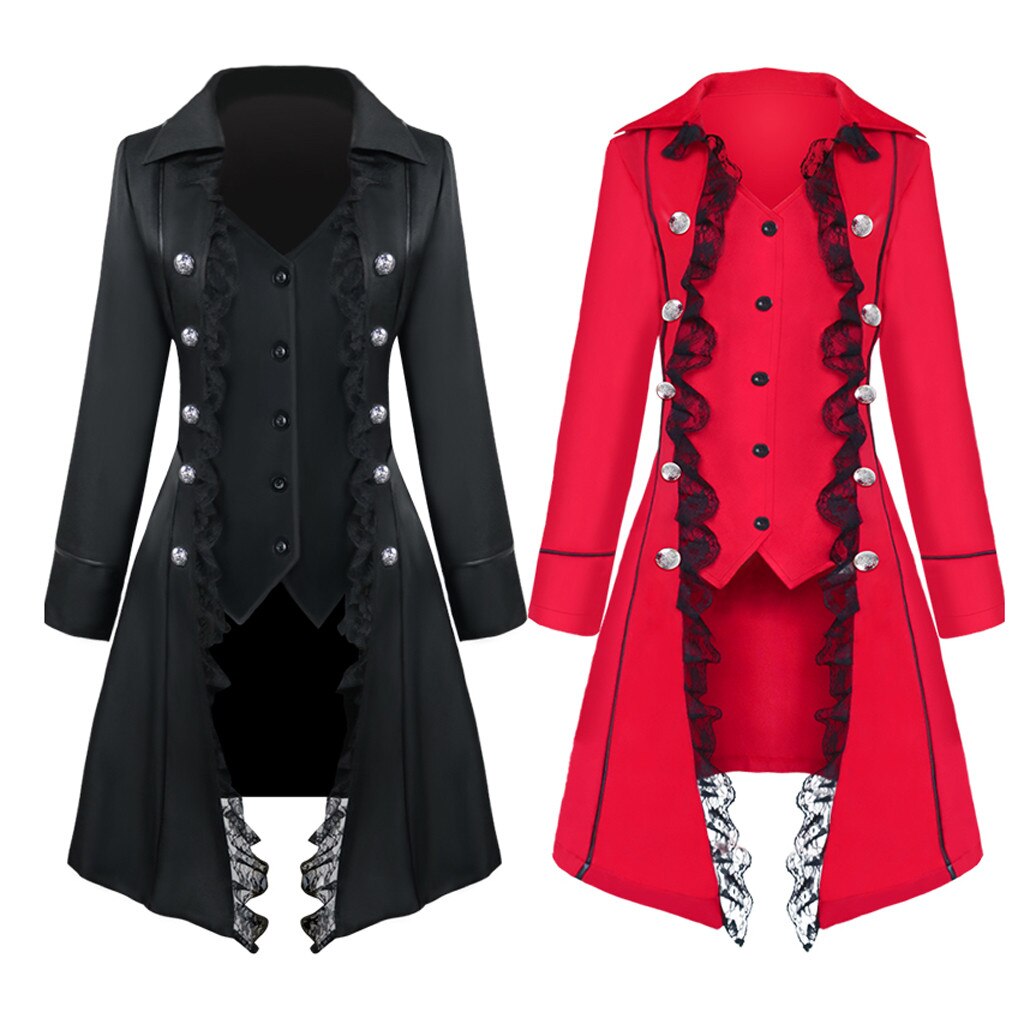 Abrigo gótico Vintage de manga larga para mujer, ropa de abrigo de Color liso con cuello de camisa de encaje y Triple botonadura, prendas de vestir exteriores