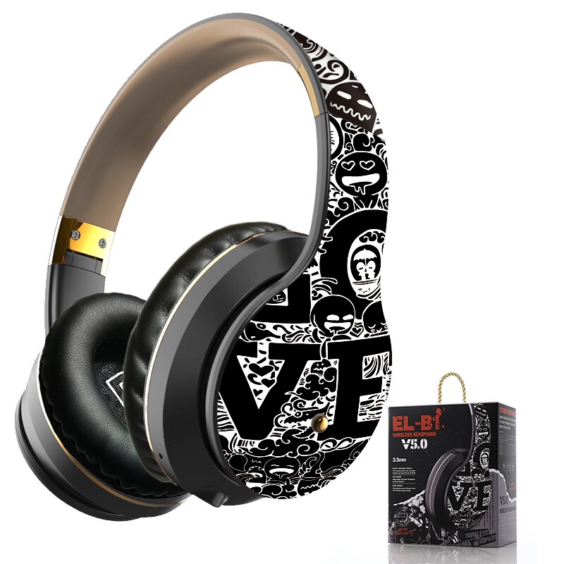 Wireless Bluetooth 5.0 Headphones Over Ear Headest Graffiti Foldable Headphone with Mic Hi-Fi Stereo For phone pc laptop: Graffiti Black gold