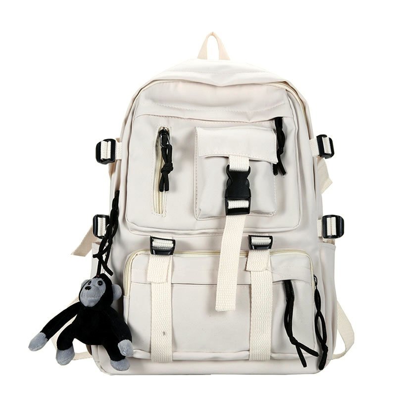 Mochila negra de estilo Preppy para hombre y mujer, morral de nailon impermeable con múltiples bolsillos, bolso de hombro para adolescentes: Blanco / keychain charms