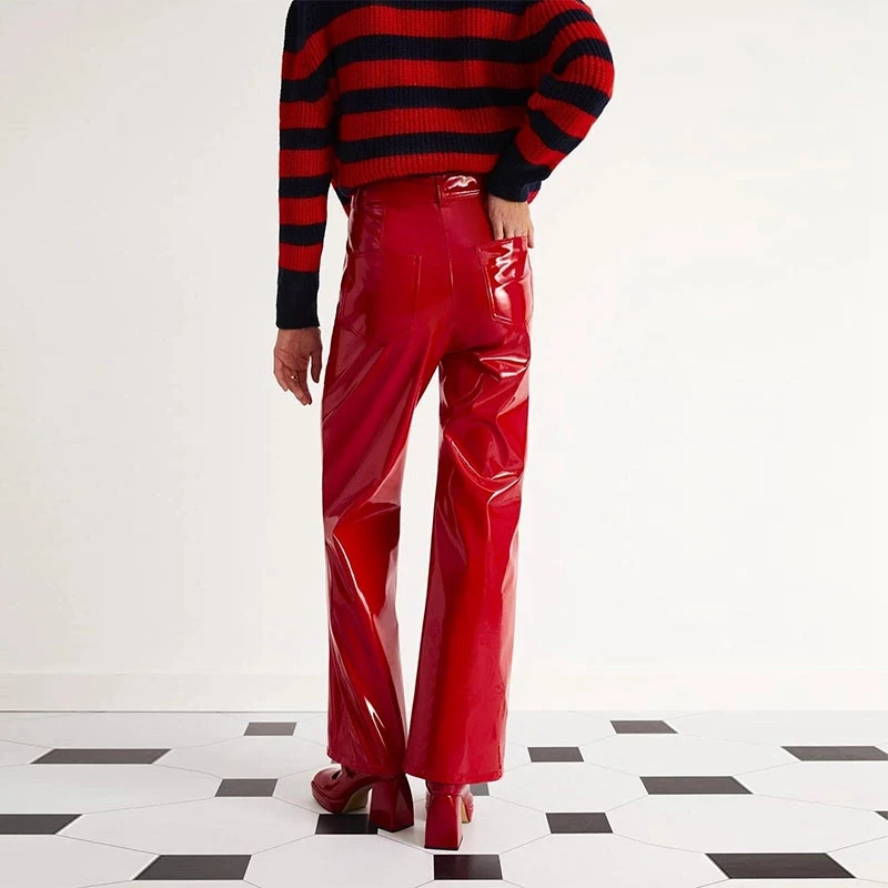 Skinnende røde patentskinn rette bukser dame høy midje pvc slanke bukser dame elegante gule pu bukser lomme tilpasset klubbklær