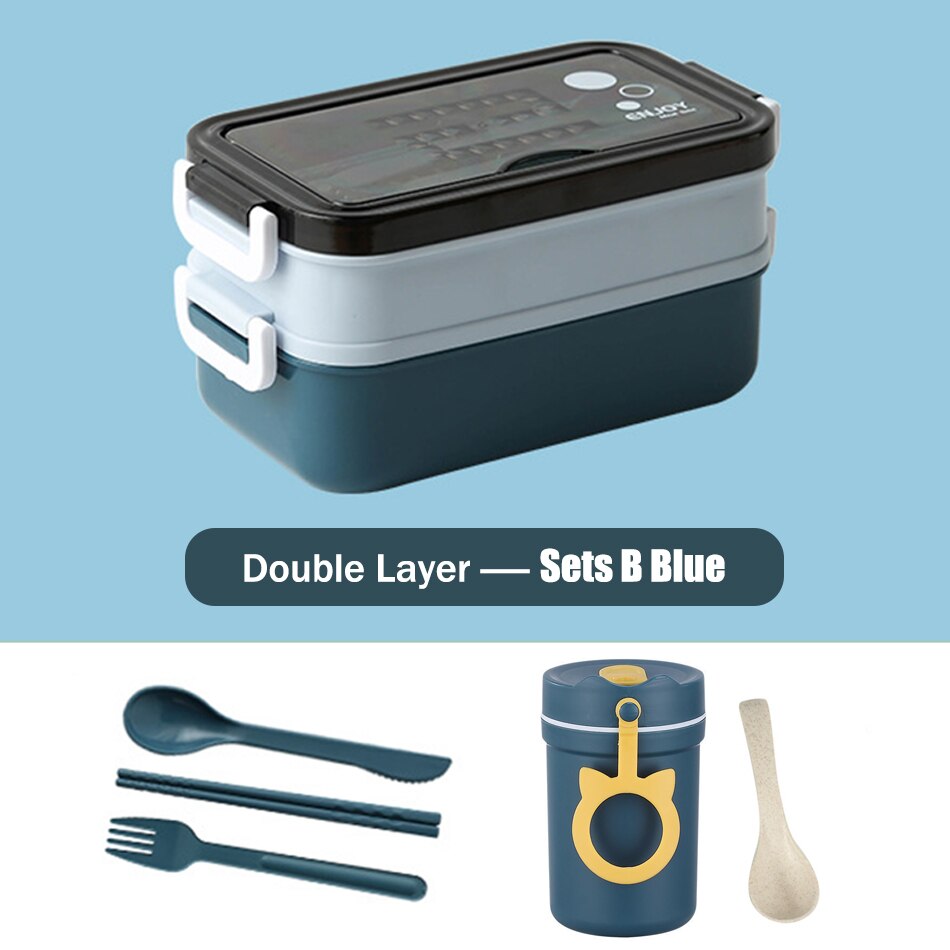 Double Layer Lunch Box Bento Box With Soup Bowl Leak-Proof Bento Box Dinnerware Set Microwave Adult Kids Office Food Storage Box: Sets B Blue