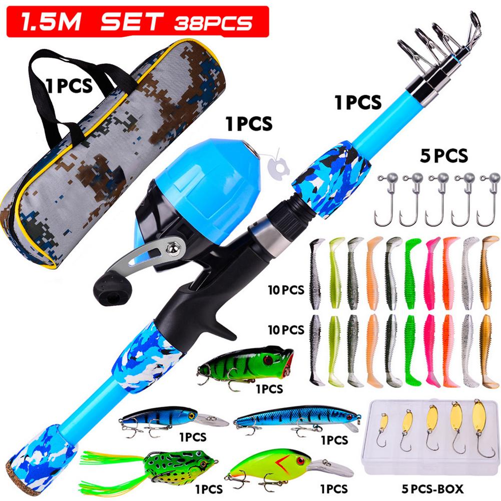 Kids Fishing Pole Set Full Kits With Telescopic Fishing Rod And Spinning Reel Baits Hooks Saltwater Freshwater Travel Pole Set