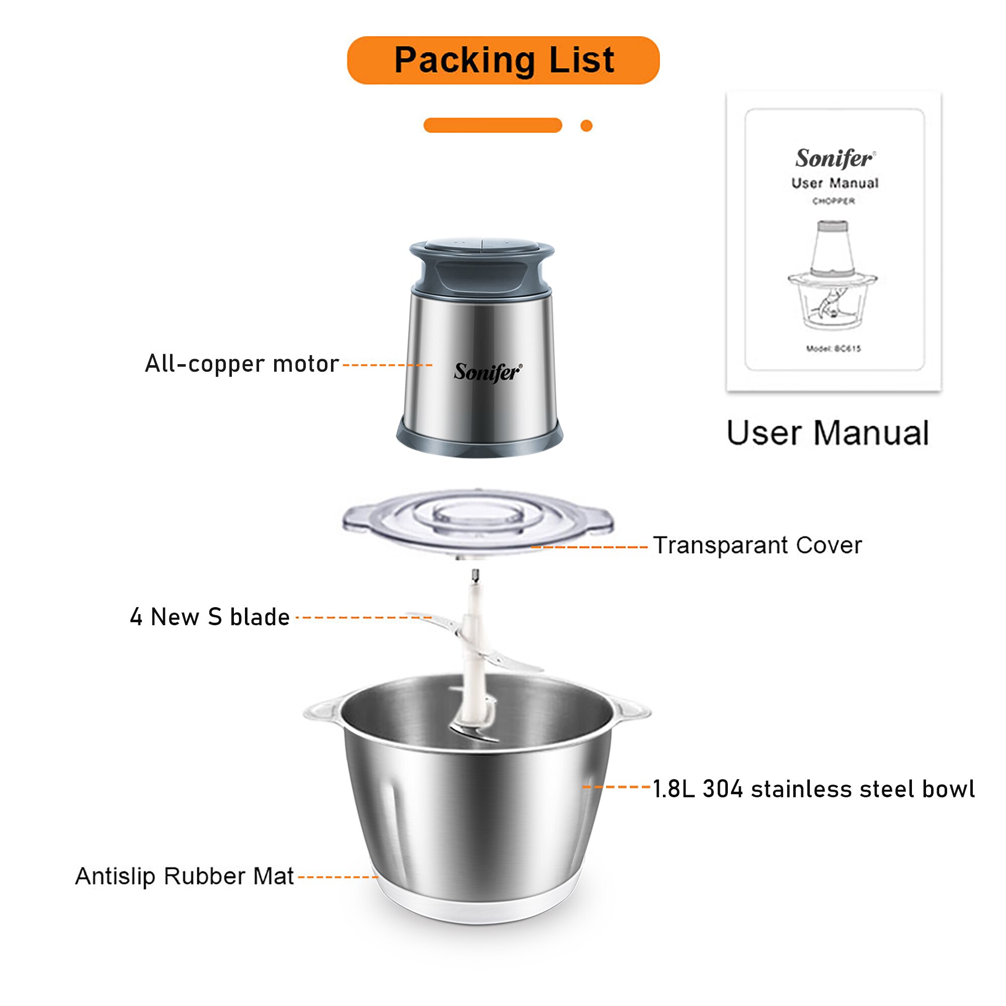 Sonifer – hachoir à viande électrique 2 vitesses en acier inoxydable, robot ménager, trancheur de cuisine, batteur d&#39;œufs, ail et légumes