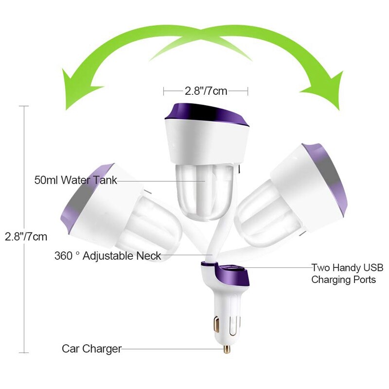 Car Humidifier with Dual USB Charger Adapter, Portable Auto Shut-Off Air Refresher For Vehicle