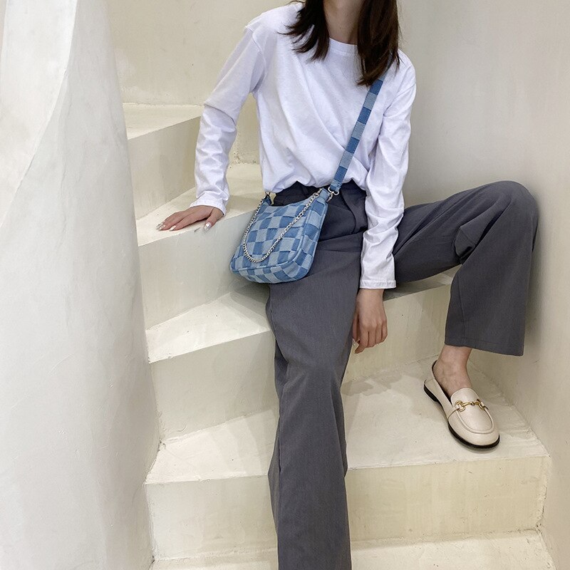 Frauen Kleine Schulter Taschen Blau Überprüft Handtasche Leinwand Tote Kette Unterarm Tasche Damen Denim Halbe Mond Taschen Baumwolle Tuch Geldbörse