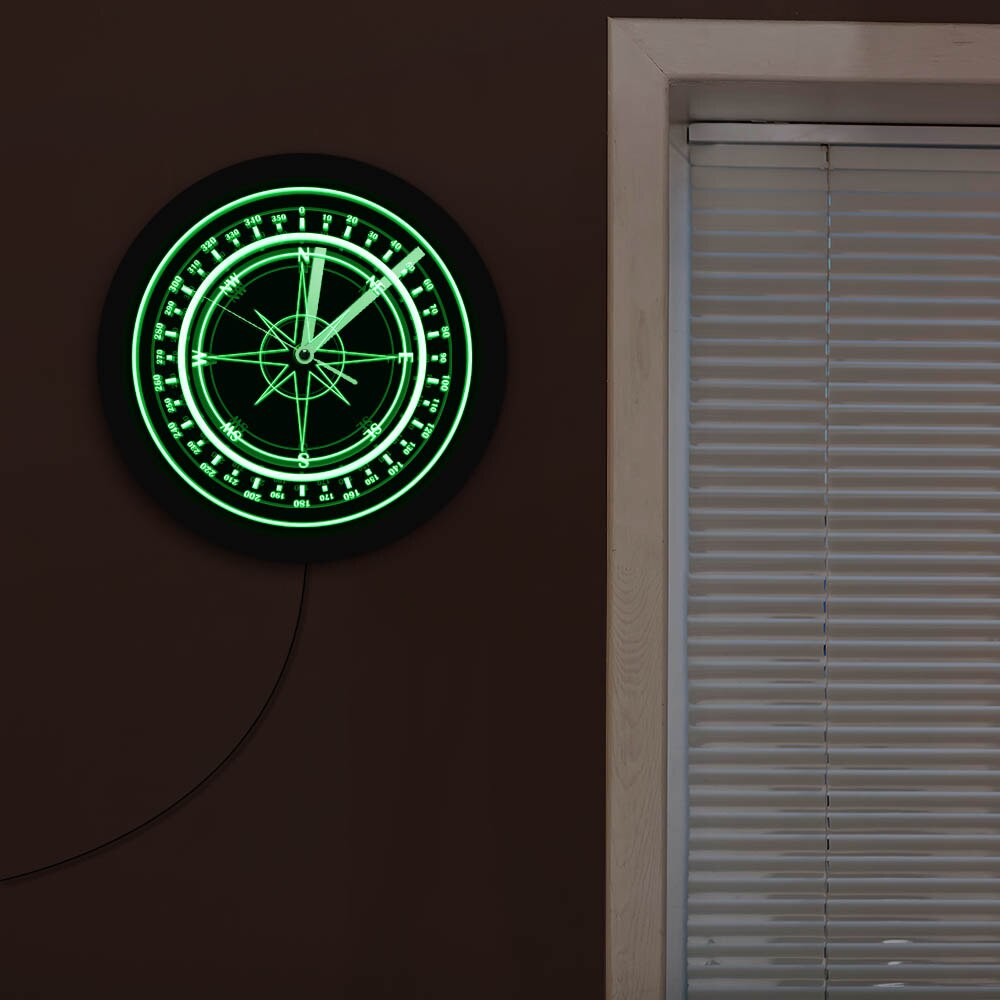 Horloge murale lumineuse Rose vent en forme de boussole | Montre murale changeante de couleur, boussole nautique, Logo, Marina marins