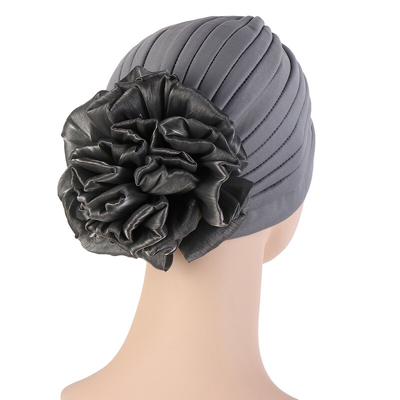 Solid Color Turban Hat Female Stylish Indian Exaggerated Big Flower Turban Hat Western Style Comfortable Pullover Hat: grey