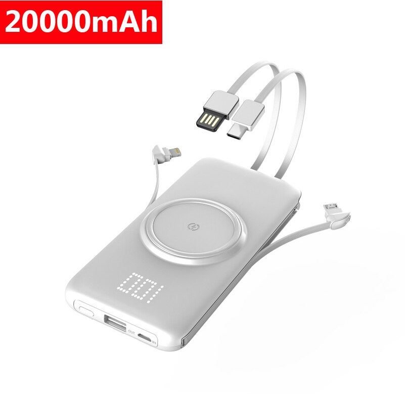 20000mAh Qi Wireless Charger Power Bank For Xiaomi iPhone Samsung Powerbank Built-in Cables External Battery Wireless Power Bank: 20000mAh White