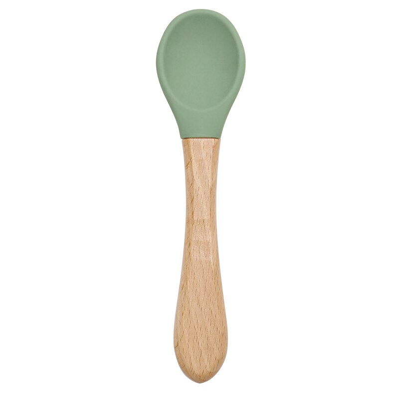 Cuchara de manija de madera silicona para alimentación de niños, utensilios para comer comida sólida, entrenamiento, capacidad de manipulación, vajilla
