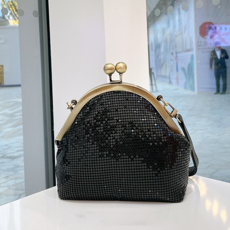 [BXX] Vintage Aluminum Sequins Bags Women Branded Chain Shoulder Hand Bag Lady Trend Handbags and Purses CB122: Black