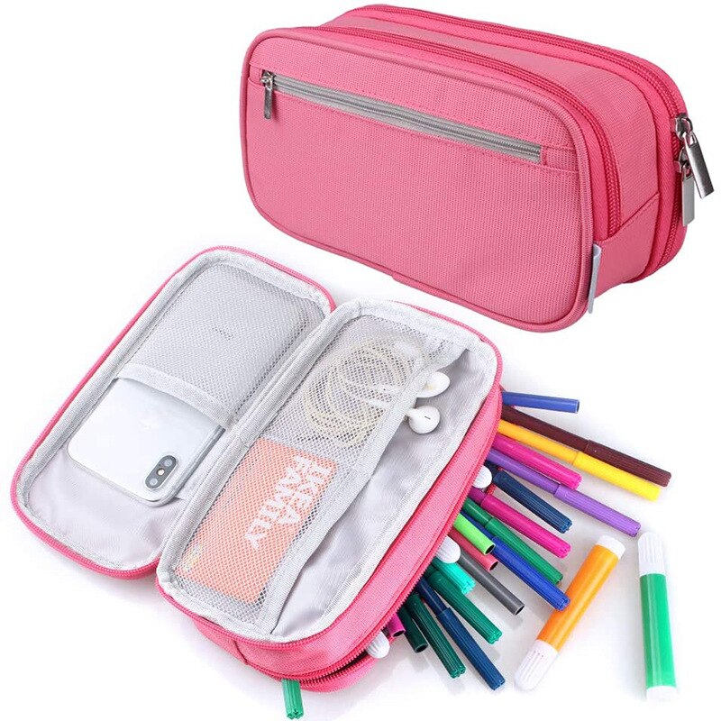 Estuches de lápices de gran capacidad de nailon, caja de bolígrafos para niñas y niños, Kawaii, bolsa de almacenamiento multifunción de Color sólido, papelería para estudiantes: Pink
