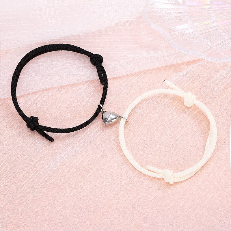 2Pcs/Set Minimalist Lovers Heart Matching Friendship Bracelet Rope Braided Couple Magnetic Distance Bracelet Kit Lover Jewelry: Black Beige