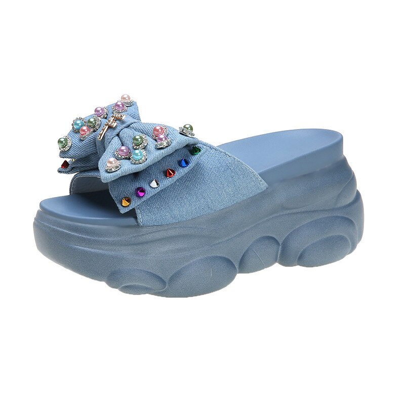 Dam 8cm Kilklackssandaler - Chunky Plattformsulor, Kristallpärlor, Sommar Casual Utomhus