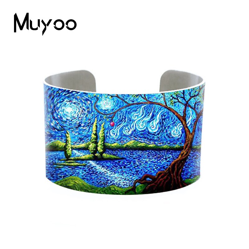 Original Abstract Landscape Painting Handmade Aluminum Cuff Vintage Tree Art Oil Painting Adjustable Bangles Cuff: 10