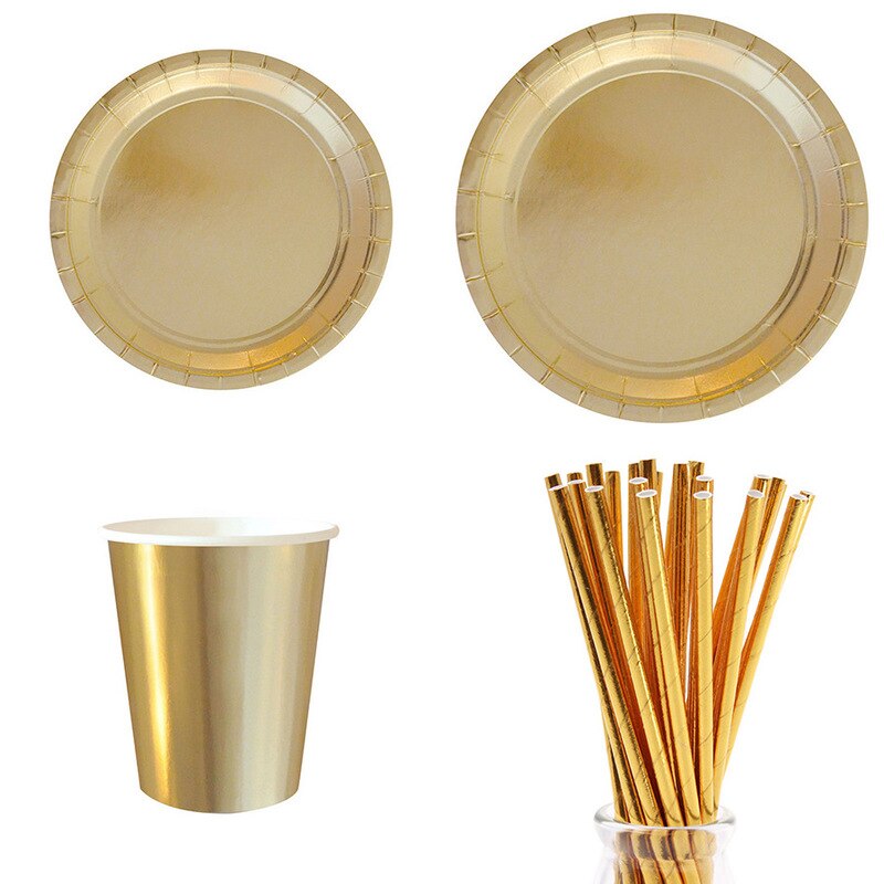 Gold Silber Folie Neue Jahr Party Supplies Einweg Papier Platte Tassen Strohhalme Tasse Kuchen Wrapper Cupcake Stehen Dessert Karton: 49pcs gold set