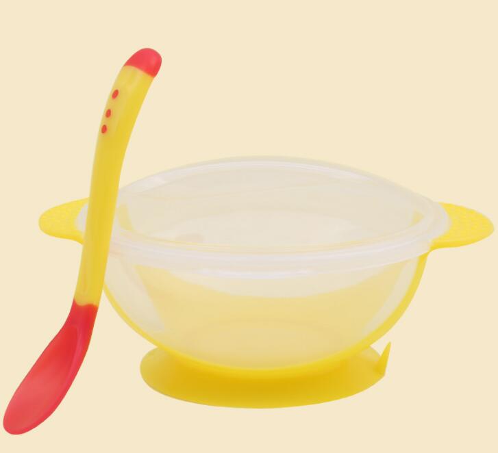 Babybestick 3 stycken / set babysugsservis baby skedskål med temperaturavkänning barnmat matning säker skål servis: Gul täcksked