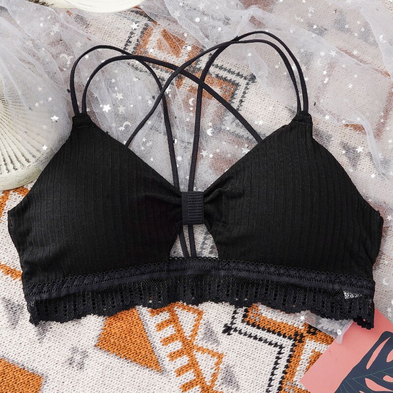 Sexy Women Lace Active Bra Push Up Wireless Bralette Female Thin Straps Underwear Beauty Back Padded Lingerie: Black