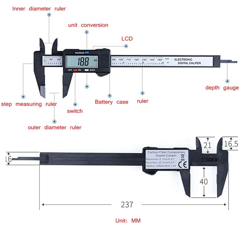 Calibrador Digital electrónico con batería, calibrador Vernier de fibra de carbono, micrómetro, herramienta de medición, regla Digital, 10/15cm