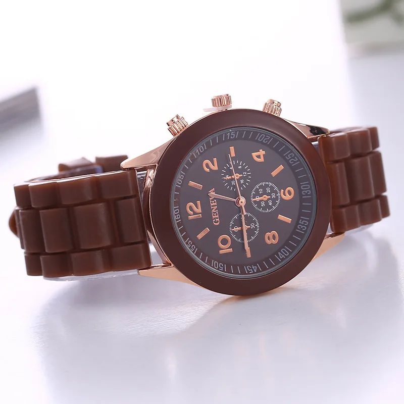 Brand Geneva Ladies Watch Student Silicone Strap Quartz Wristwatch for Women Clock Relogio Feminino: Brown