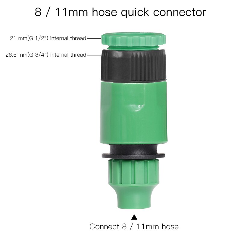 Tilslutning med 8 / 11mm slanger haveslange, vanddeler, hurtigkobling, adapter ,1/2 ＂ to 3/4 " indvendigt gevind: 1-2 stik