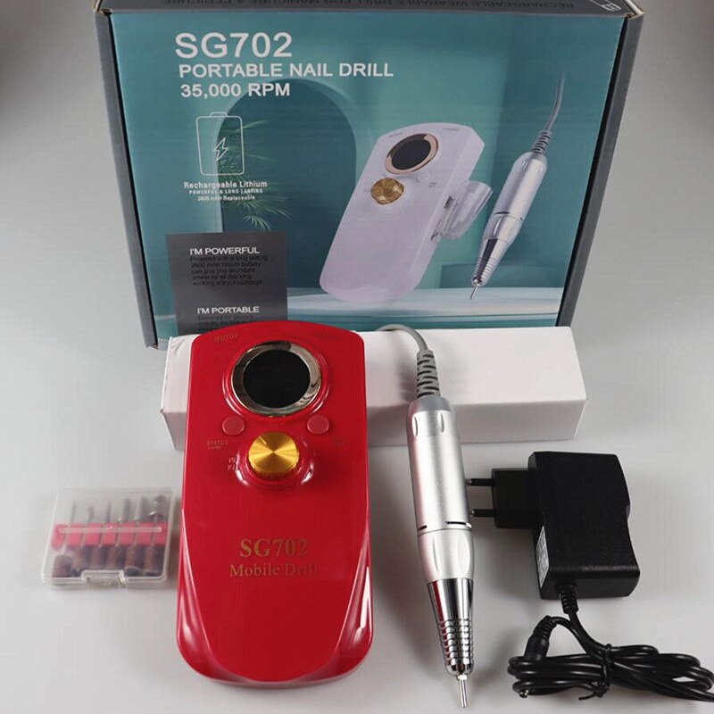 Portable Rechargeable Nail Drill Machine 35000RPM Manicure Machine Electric Nail File Nail Art Tools Set for Nail Drill bit: 702 red