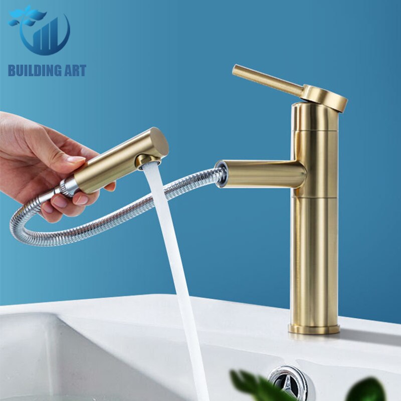 Brass Bathroom Basin Faucet 60cm Pull Out Basin Faucet Cold Mixer Crane Basin Taps Rotatble Brushed Gold