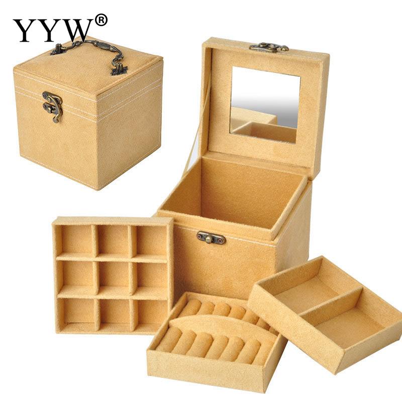 12x12x12cm Vintage Velvet Three-Tier Jewelry Box Multideck Storage Cases with Wood Mirror Wedding Birthday: 2