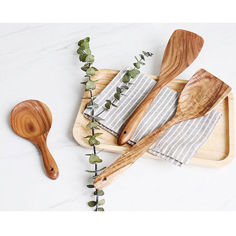 7 tipos de cucharas Thai de madera de teca espátula cuchara de arroz cuchara grande de sopa para cocinar utensilios de cocina de madera suministros
