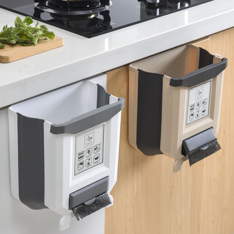 Bathroom Kitchen Waste Storage Folding Waste Bin with Drawer Cabinet Door Hanging Trash Bin Trash Can Foldable Trashcan HM018