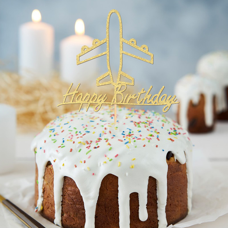 YOMDID Golden Airplane Cake Topper Glitter Cake Topper Paper Cake Decor Sparkly Party Cake Decoration for Birthday Celebrations