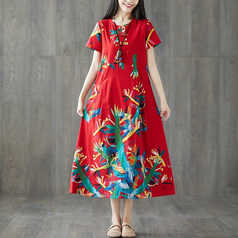 Etniske kjoler sommerkjole vintage femme kortærmet lang kjole print folklore retro vestido kjole i kinesisk stil  ta1646