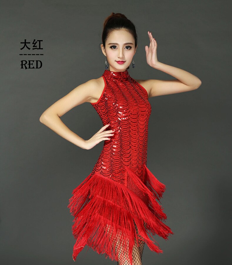 Latin Dance Dress Ballroom Salsa Samba Rumba Tango Swing Rhythm Dancer Costume Women Tassel Sequins dance dress: red 2 / XL