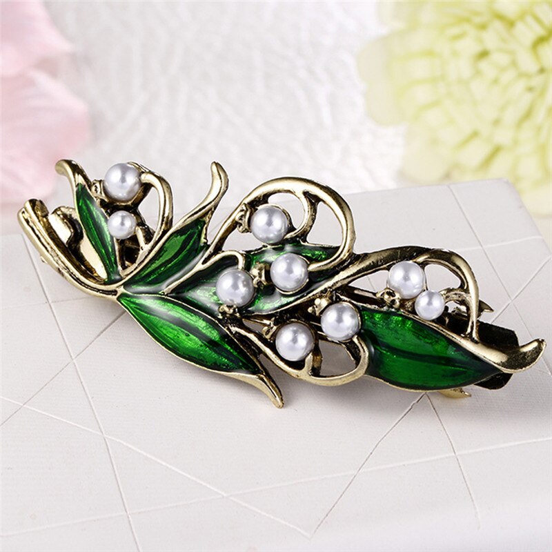 Exquisite Elegante Retro Emaille Groen Blad Parel Haar Clip Clamp Haarspeld Vrouwen Meisjes Haar Accessoires