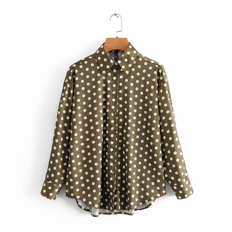Aelegantmis Vintage Polka Dot Blouses Shirt Female Spring Long Sleeve Casual Women Dot Shirt Green Loose High Street Chic: S