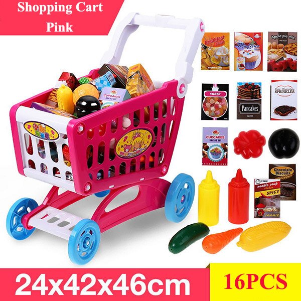 Baby Shining Winkelwagen Speelgoed 16 PCS Grote Winkelen Speelgoed Simulatie Kinderen Supermarkt Winkelen Speelgoed Groente Voedsel Speelgoed: pink