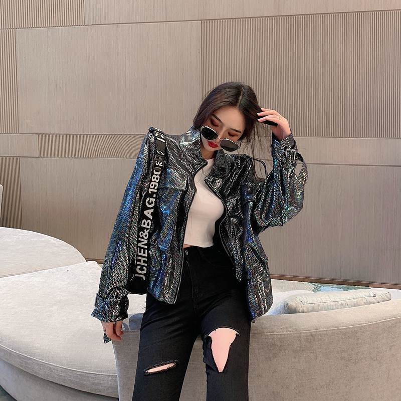 Chaqueta corta de charol para mujer, ropa de calle coreana, cazadora motera de PU, Top cálido de para primavera