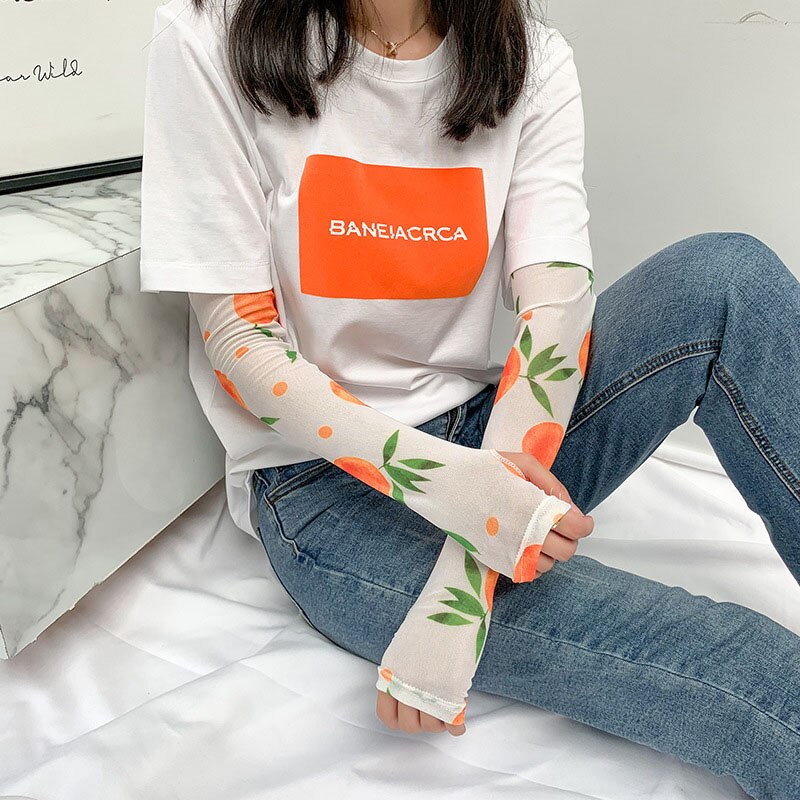 Is silke kold frugt blomster print solhandsker halvfinger fingerløse kørearmvarmere sport solcreme langærmet  c31: 14