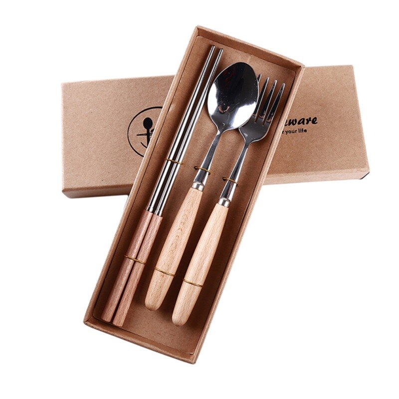 Couverts de luxe couverts en acier inoxydable | Poignée en bois, service de vaisselle de fête à la maison, couteau fourchette cuillère paquet: 3PCS