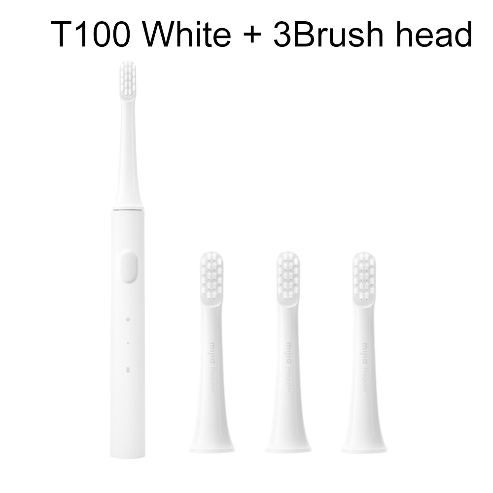 Mijia Ultrasonic Sonic Automatic Toothbrush T100 USB Rechargeable IPX7 Waterproof Electric Toothbrush: White with 3 heads